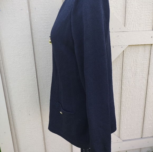 VGC Black St John Basics Zip Cardigan Gold Buttons Pockets Sweater Knit Size 8 - Picture 2 of 8